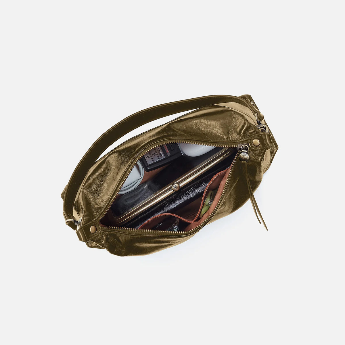 Gold metallic pouch with zipper on a white background