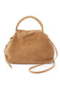 Brown suede handbag with a strap on a white background