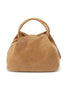 Brown suede handbag on a white background