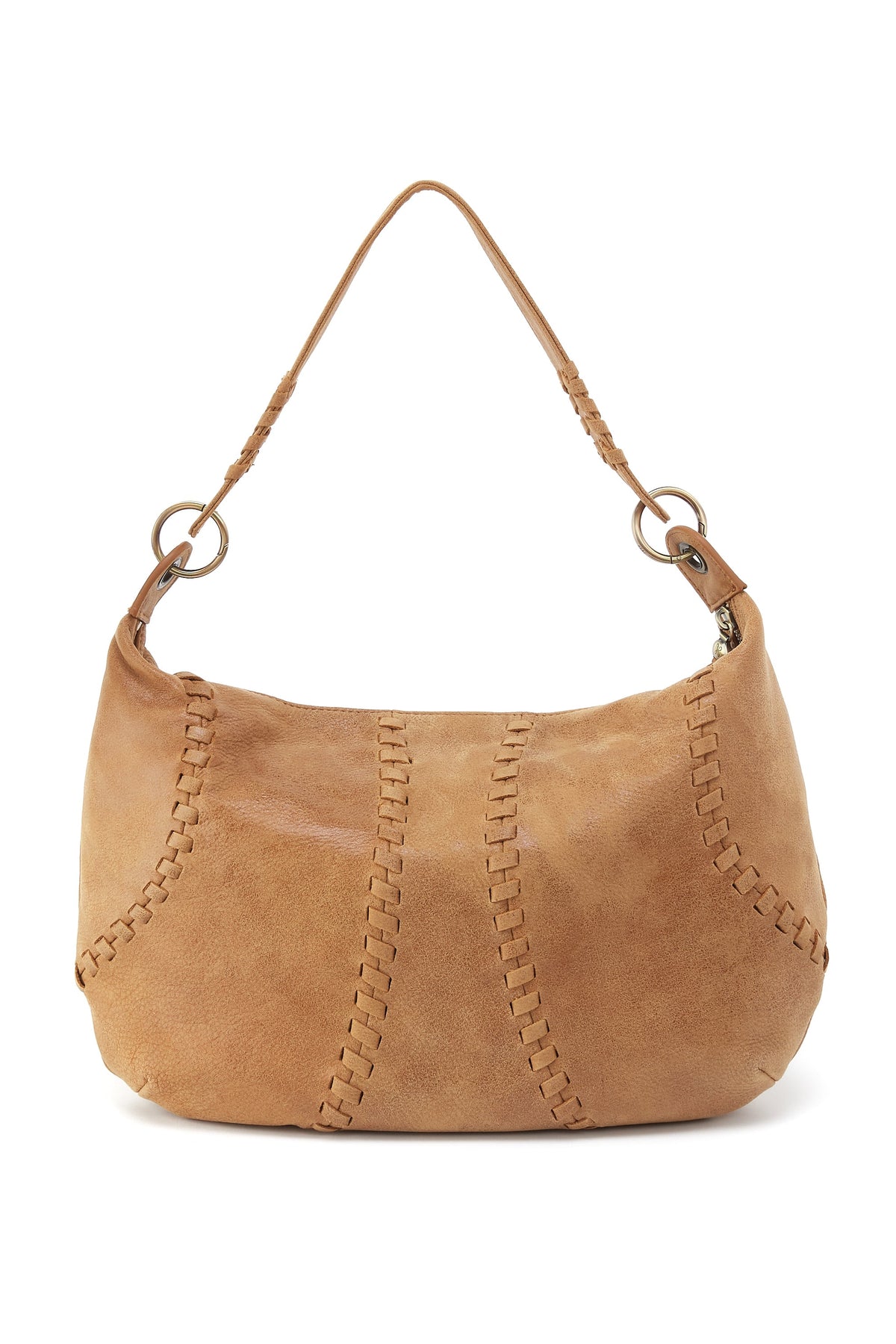 Brown leather handbag with braided handle on a white background