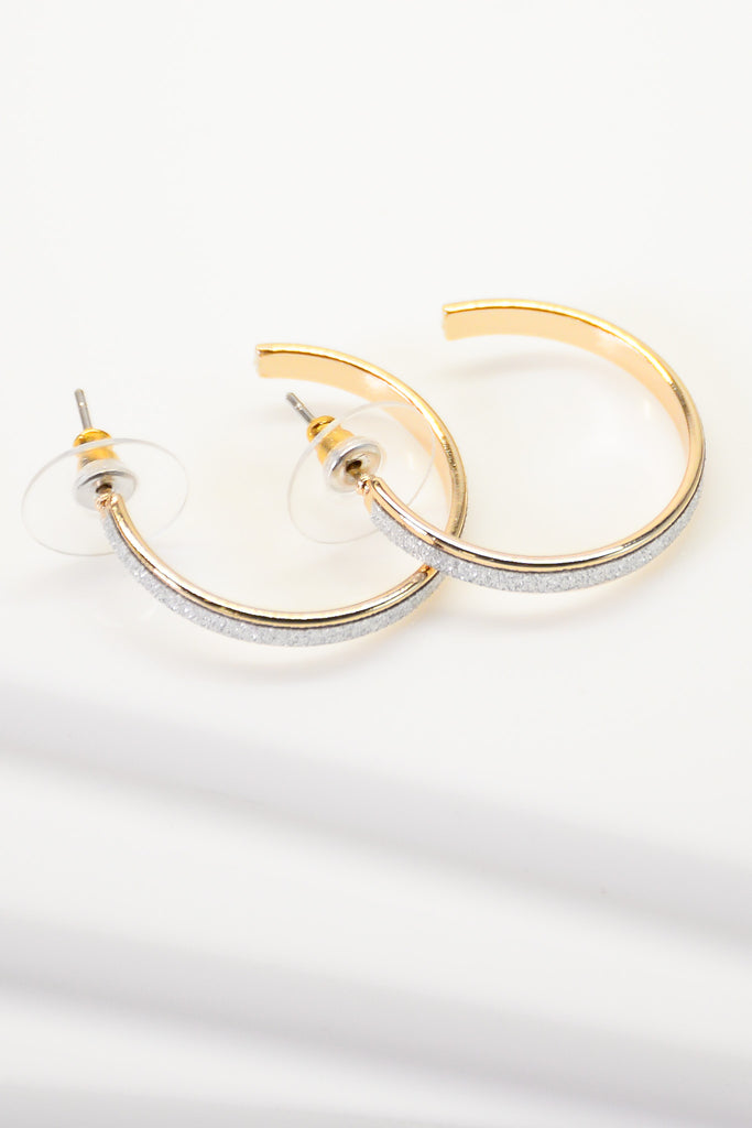 Small Thin Gold Hoops with Silver Sparkle