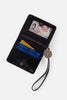Black wallet with card slots and a strap on a white background
