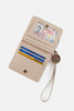 Beige wallet with card slots and a strap on a white background