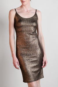 Holiday copper cami style dress close up