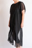 Black sheer top with a draped design on a white background
