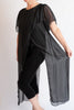 Person wearing a black outfit with sheer sleeves and a long black drape on a white background