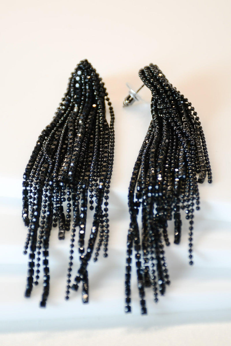 Black Rhinestone Fringe Earrings - Revir