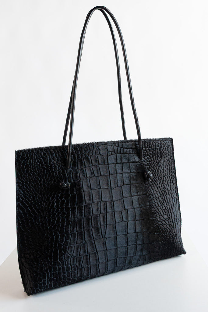 Slim Shoulder Bag in Embossed Gator with Calf Hair
