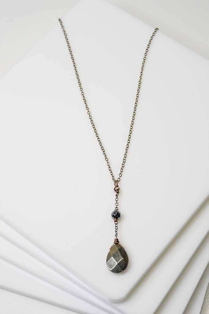 Pyrite Hematite and Charcoal Crystal Y Necklace
