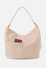 Beige handbag with a brown pocket on a light gray background