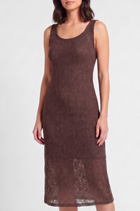 Brown lace dress worn by a model on a white background