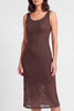 Brown lace dress worn by a model on a white background
