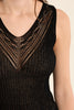 Black sleeveless dress with intricate detailing on a neutral background
