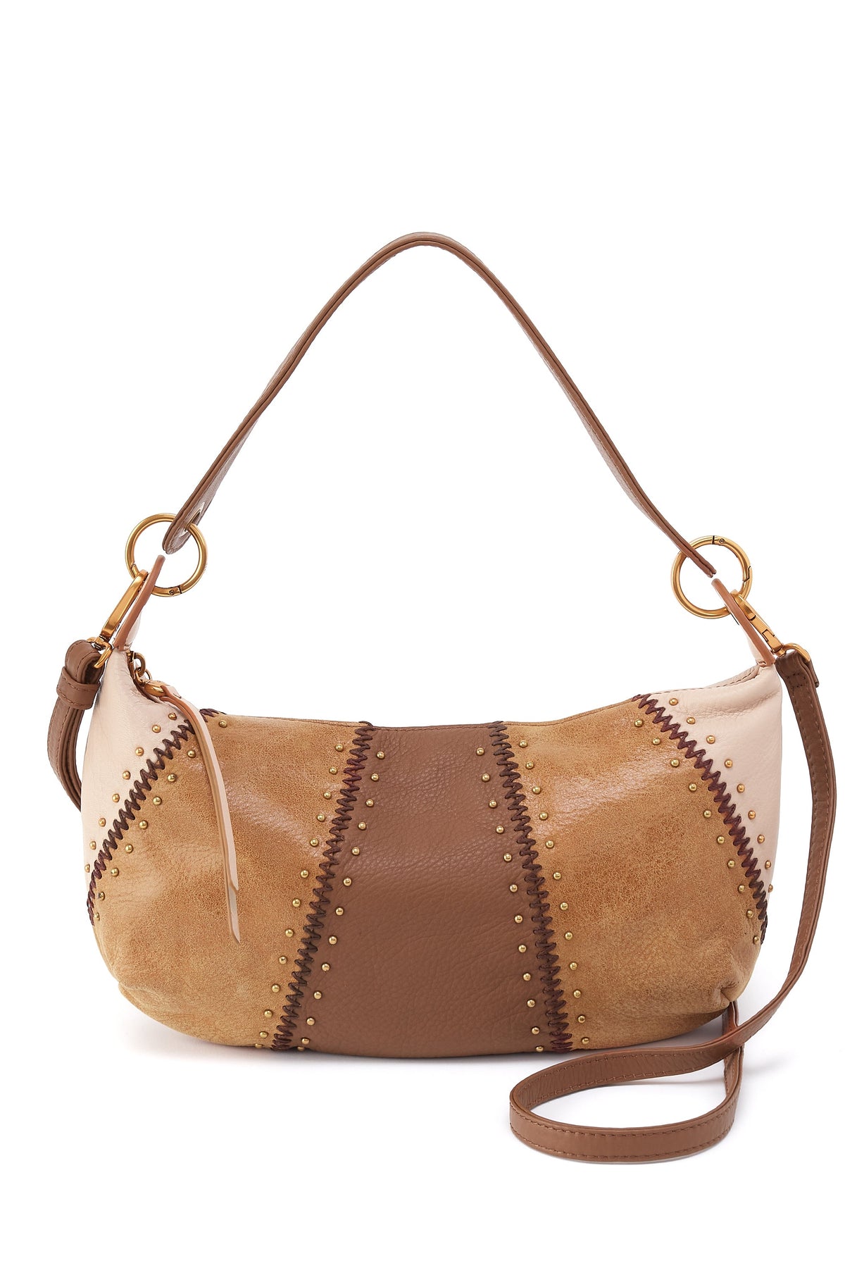 Brown and beige handbag with a strap on a white background