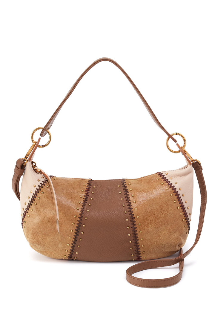 Brown and beige handbag with a strap on a white background