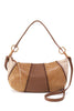 Brown and beige handbag with a strap on a white background
