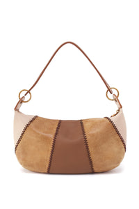 Brown and beige handbag with a gold chain on a white background
