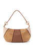 Brown and beige handbag with a gold chain on a white background