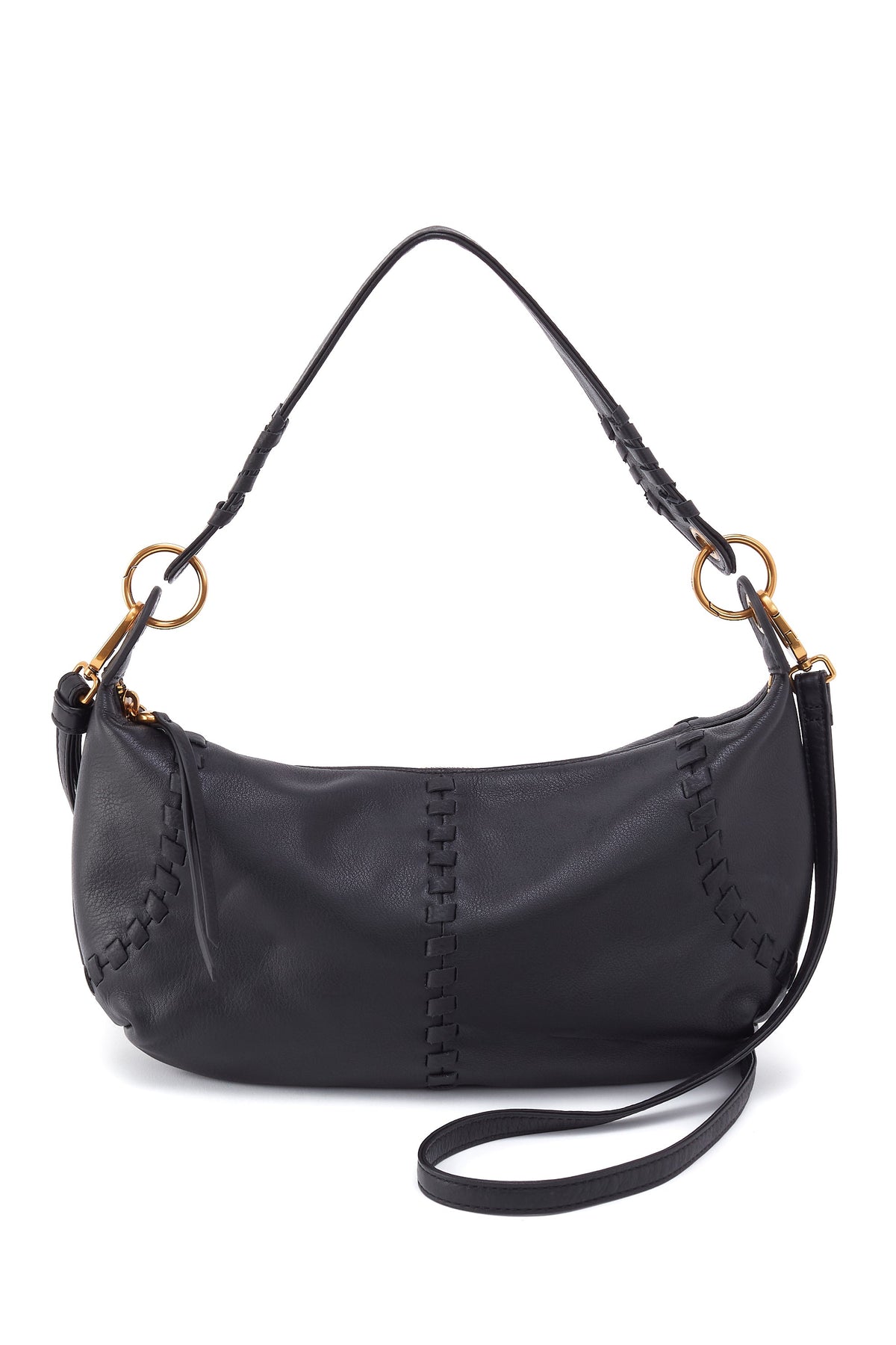 Black handbag with gold accents on a white background