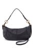 Black handbag with gold accents on a white background