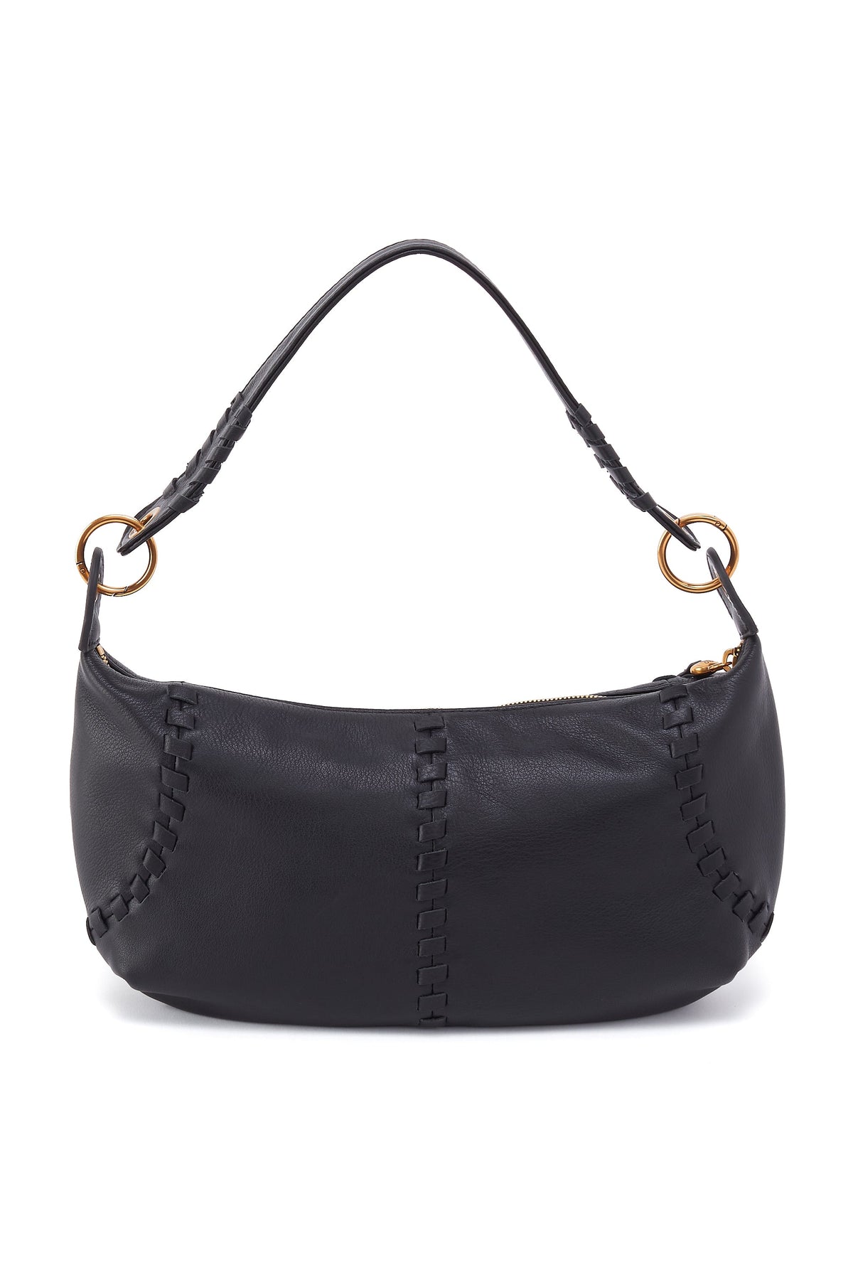 Black handbag with gold accents on a white background