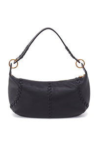 Black handbag with gold accents on a white background