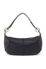 Black handbag with gold accents on a white background