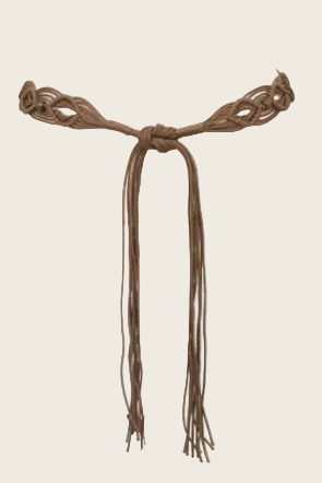 Brown braided belt on a mannequin with 'Molly Bracken' branding.