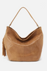 Brown leather handbag with a tassel on a white background, labeled 'Spring 