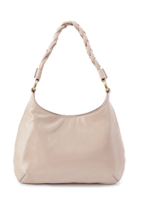Beige handbag with braided handle on a white background