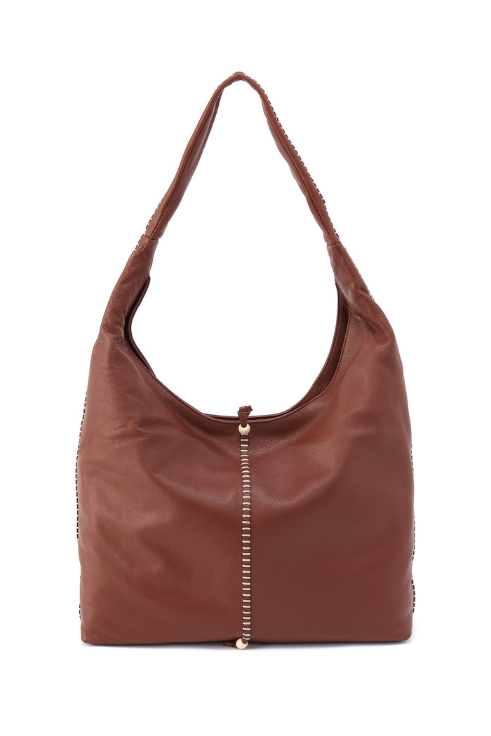 Brown shoulder bag with a gold zipper on a white background