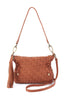 Brown textured handbag with a tassel on a white background