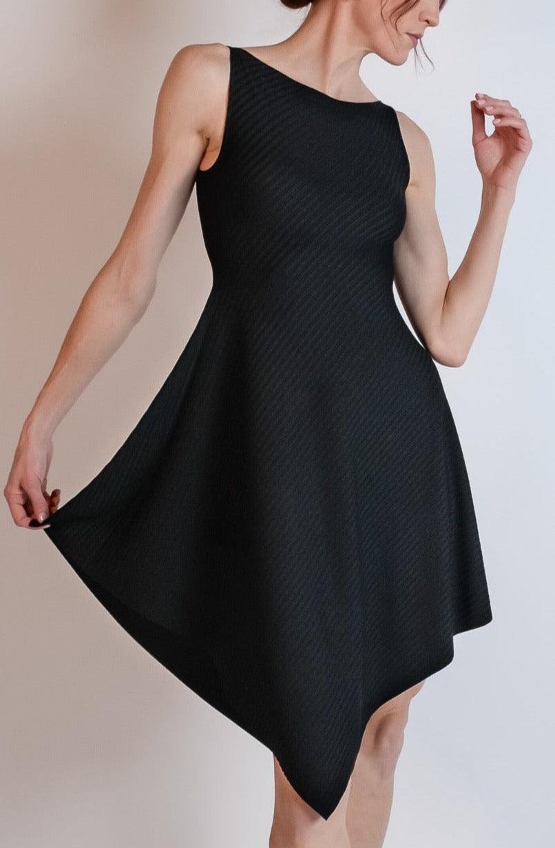 Best-selling Aditi rib knit dress in black with boat neckline by Revir