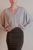 Close-up of Revir Cocoon Sweater in taupe showing soft texture and clean neckline detail